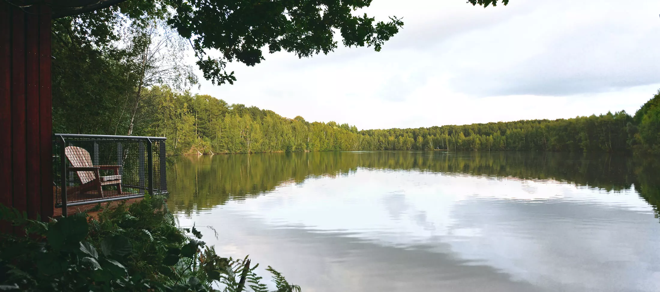 Un lac du Domaine du Bois de Fouage bordé de forêt, vu depuis une terrasse en bois